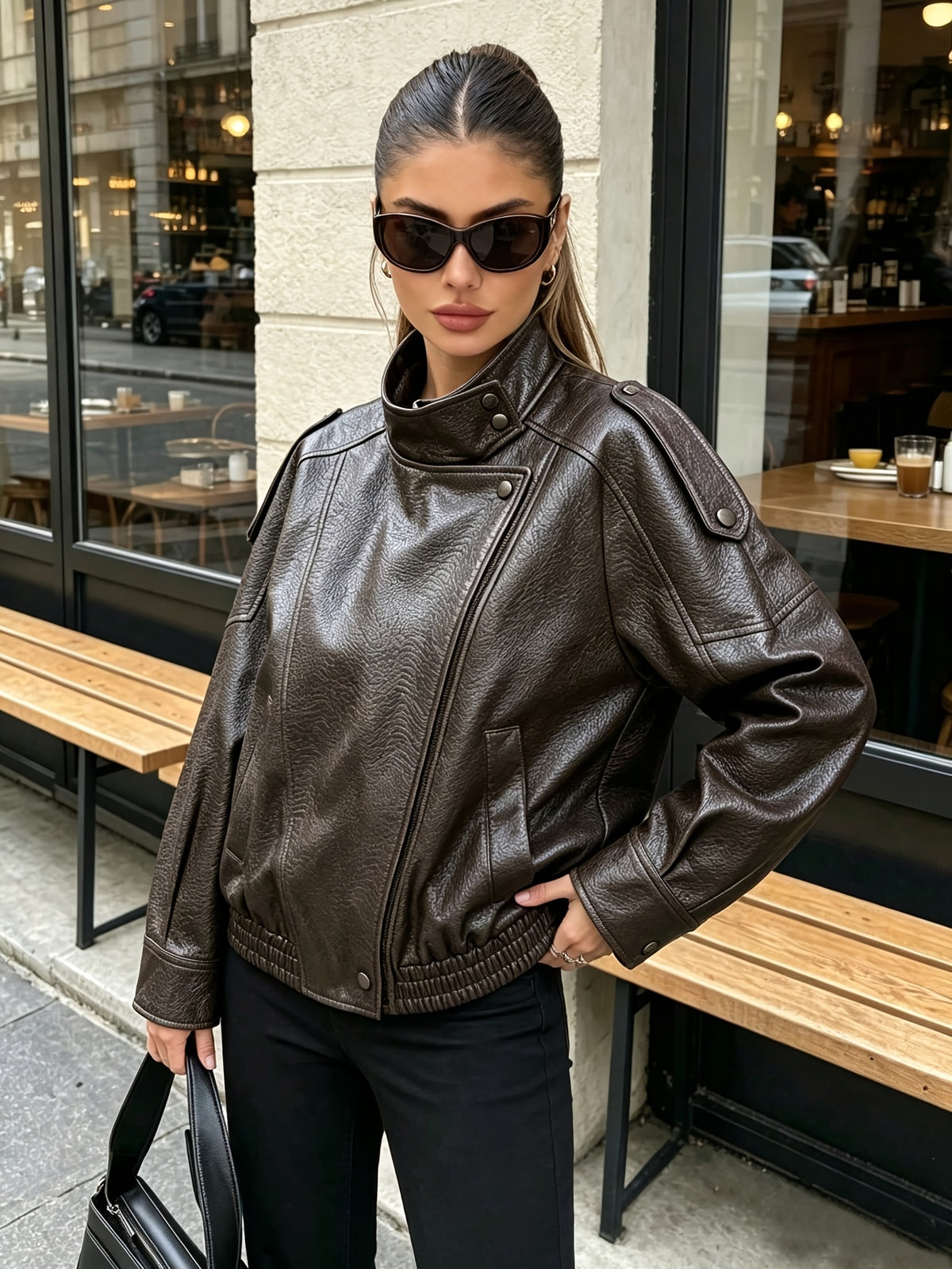 Veste Femme Oversize Marron Effet Cuir – Col Montant & Coupe Bomber