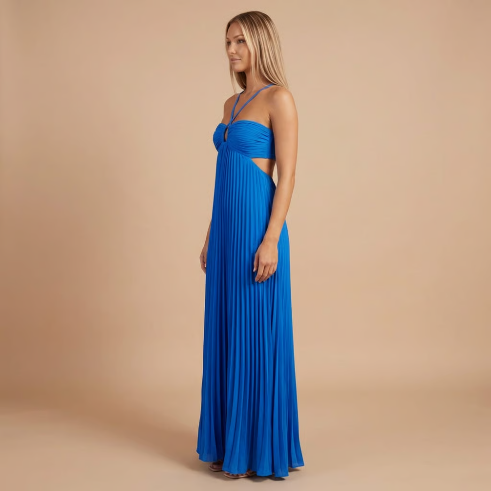 Koriora | Robe Longue Halter Plissée Soléna — Jupe Fluide & Élégance Solaire