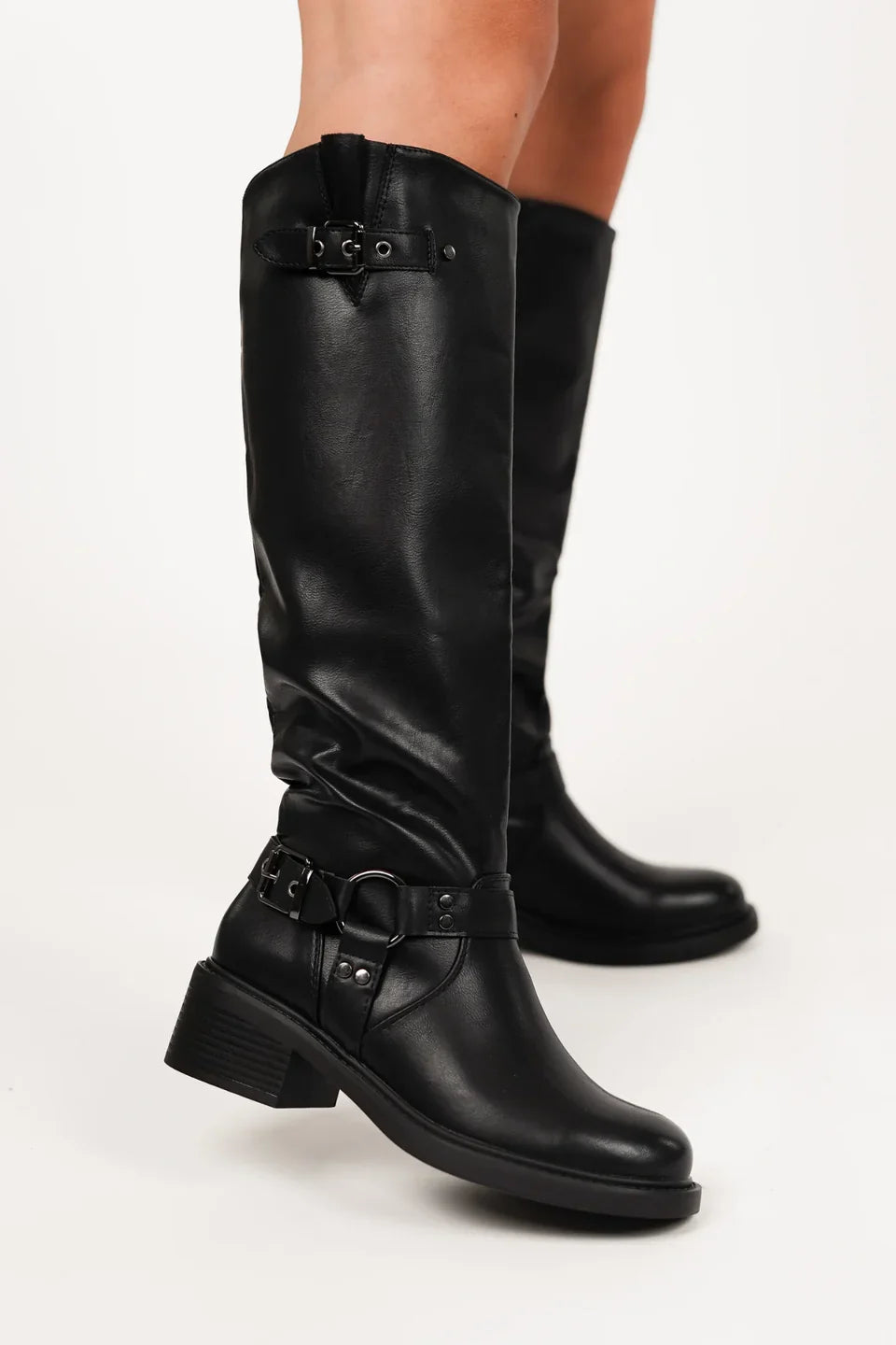 Women's Leather Equestrian Knee-High Boots with Buckles & Block Heel in Brown
