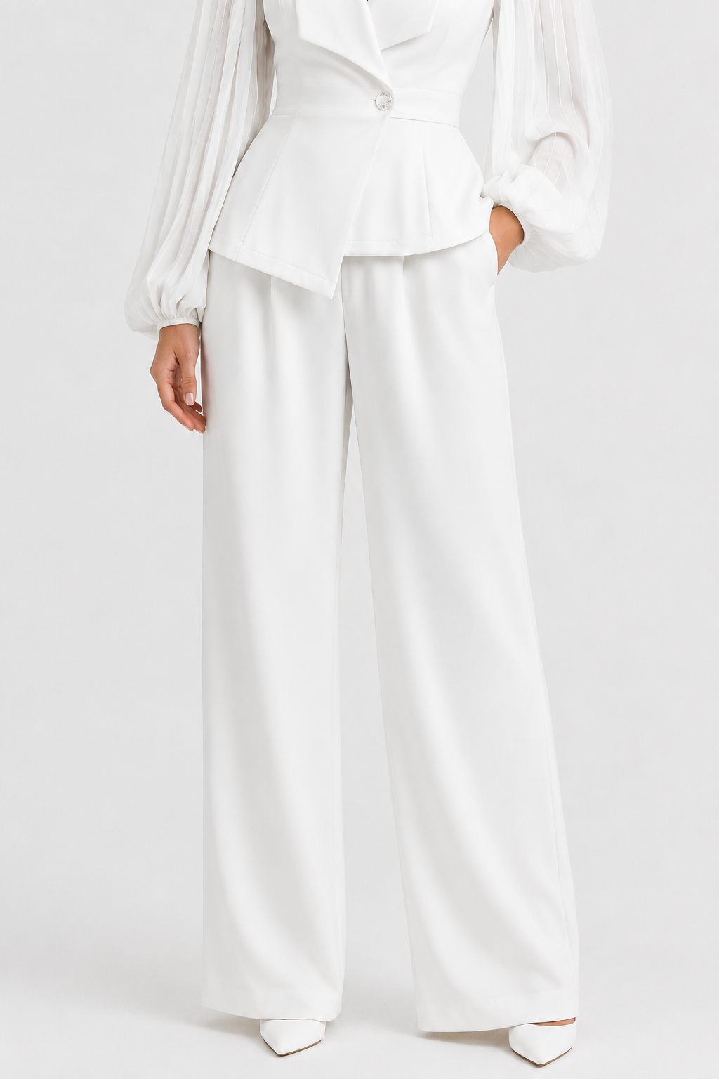 Koriora | Ensemble Blazer Cintré & Pantalon Large Femme — Manches Transparentes & Élégance Romantique