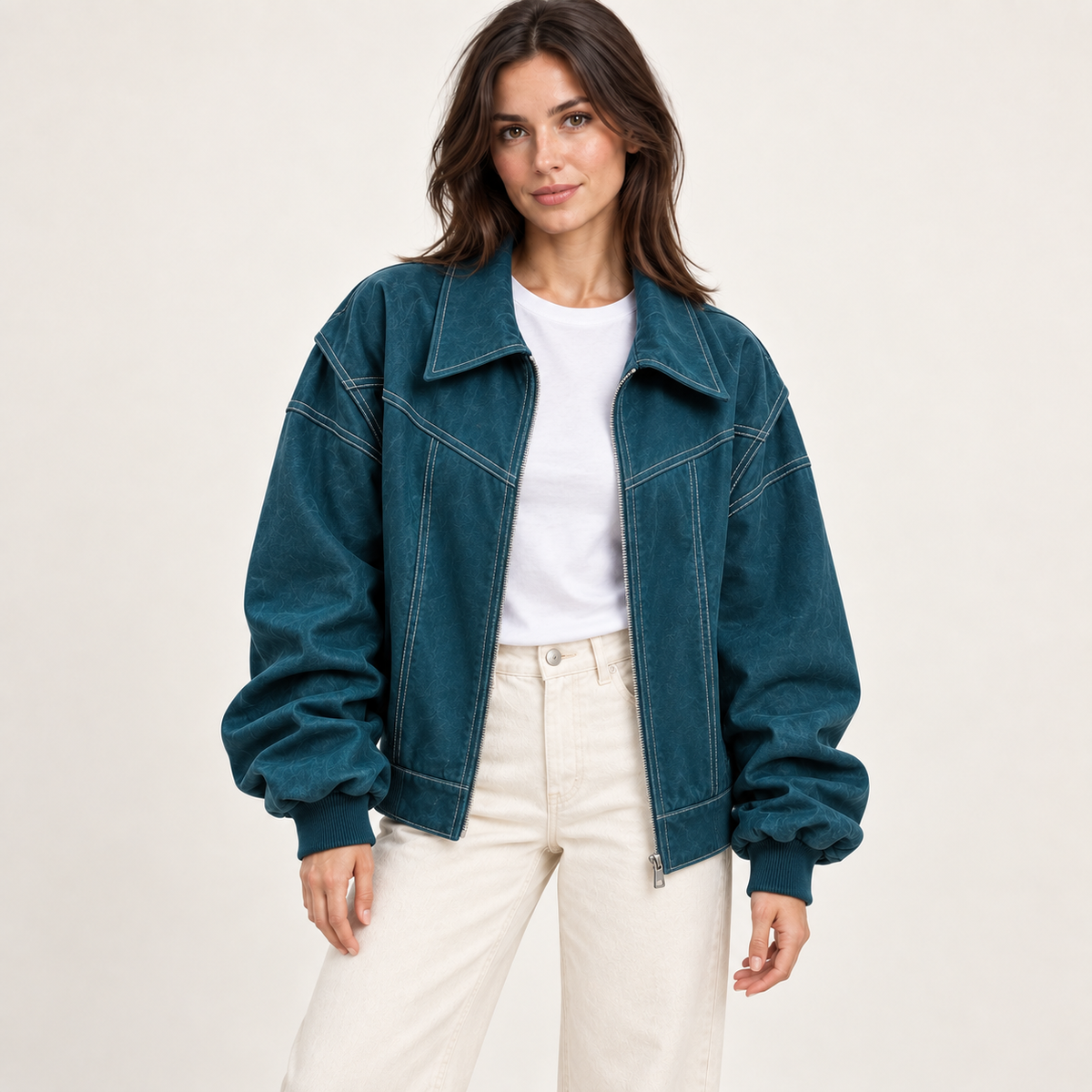 Women's Oversized Faux-Leather Bomber Jacket with Contrast Stitching