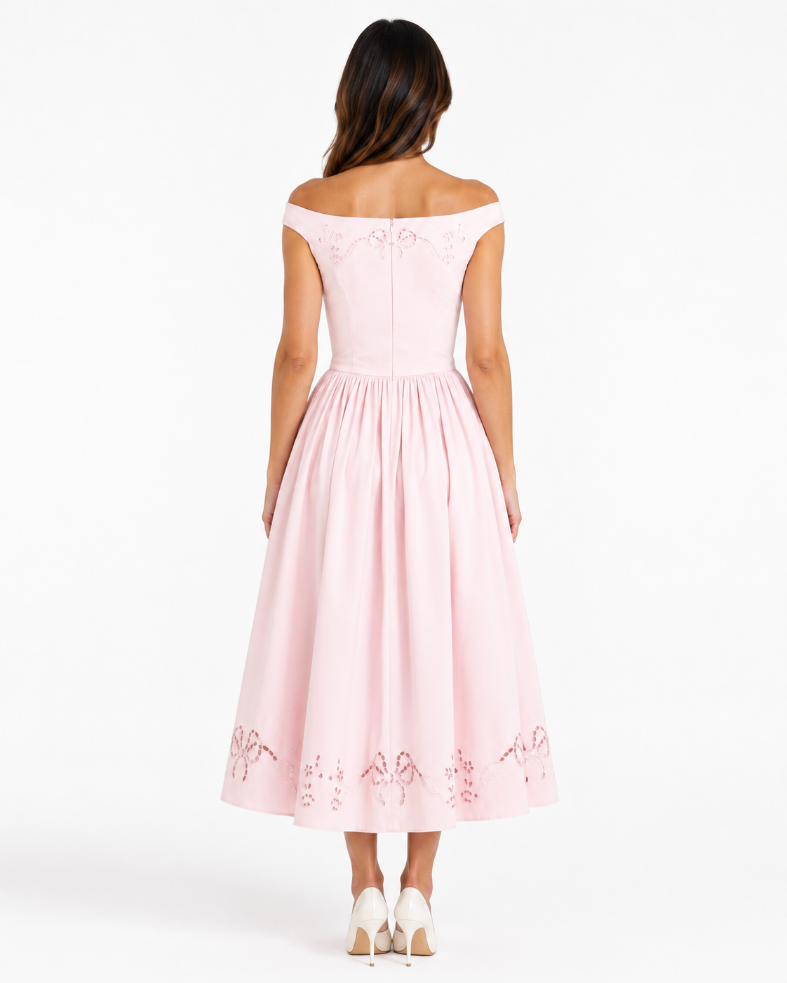 Koriora | Robe Midi Bardot Rose Blush — Épaules Dénudées & Élégance Romantique