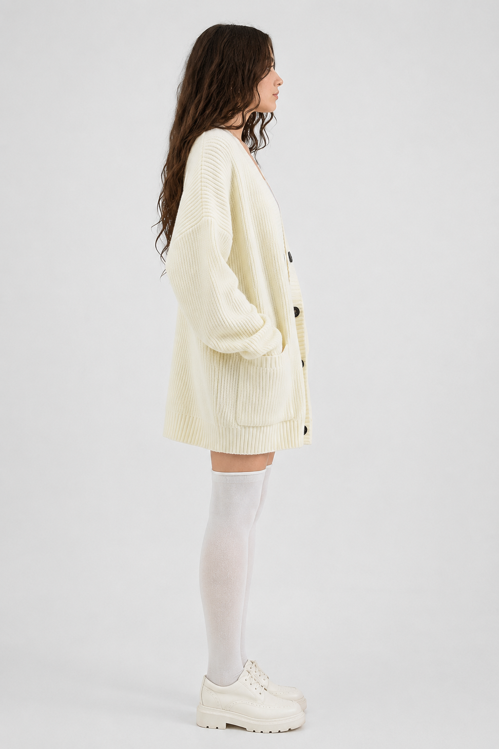 Koriora | "Alba" Oversized Long Ribbed Cardigan — Button-Through V-Neck with Patch Pockets, Black