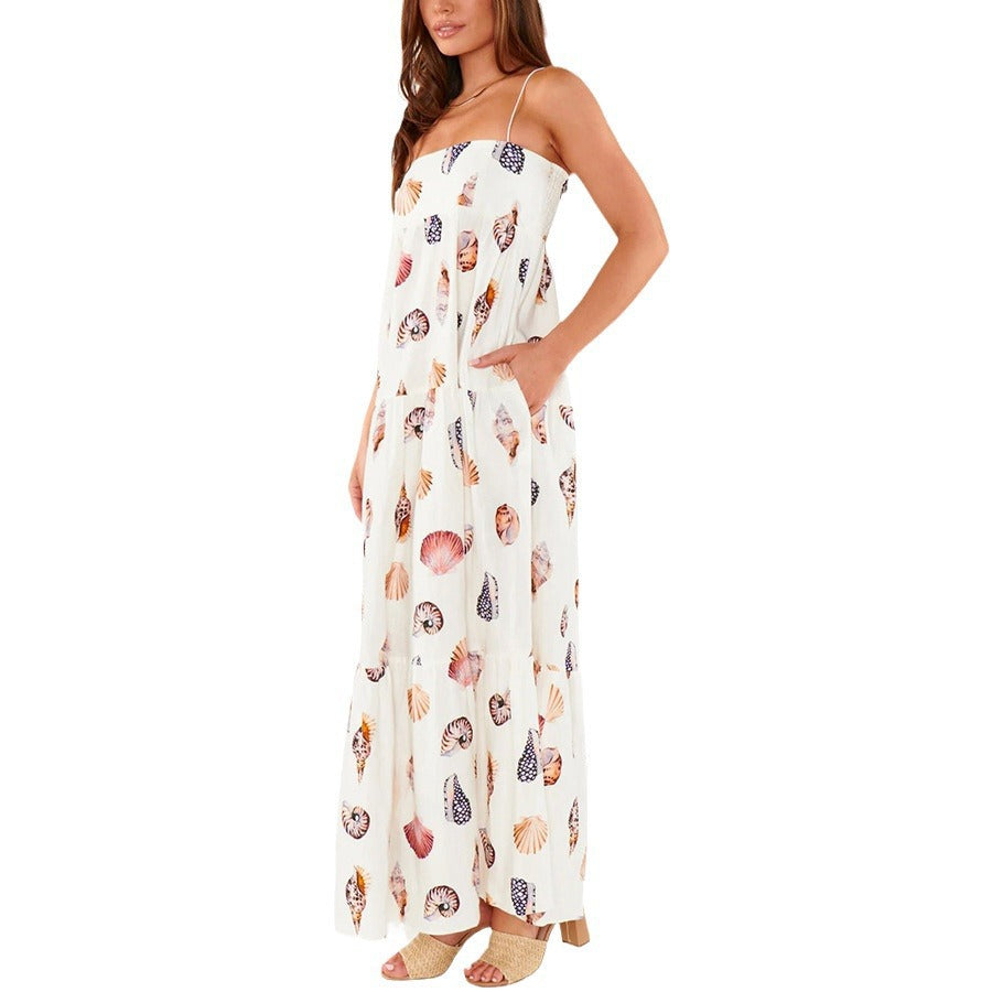 Robe maxi légère à poches plissées avec coquillage unique