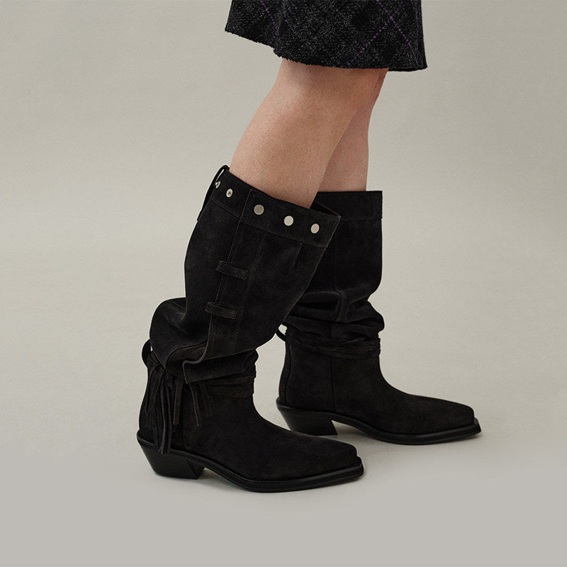 Women’s Suede-Look Mid-Calf Western Boots with Tassels