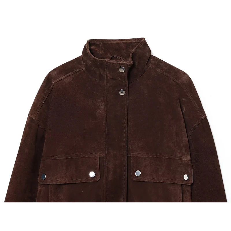 Veste Femme Marron Effet Daim – Coupe Courte à Col Montant
