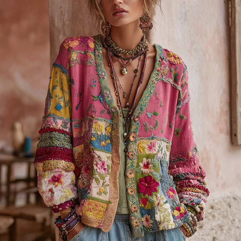 Koriora | Bohemian Floral Patchwork Cardigan — Artisan Embroidery and Soft V-Neck Knit