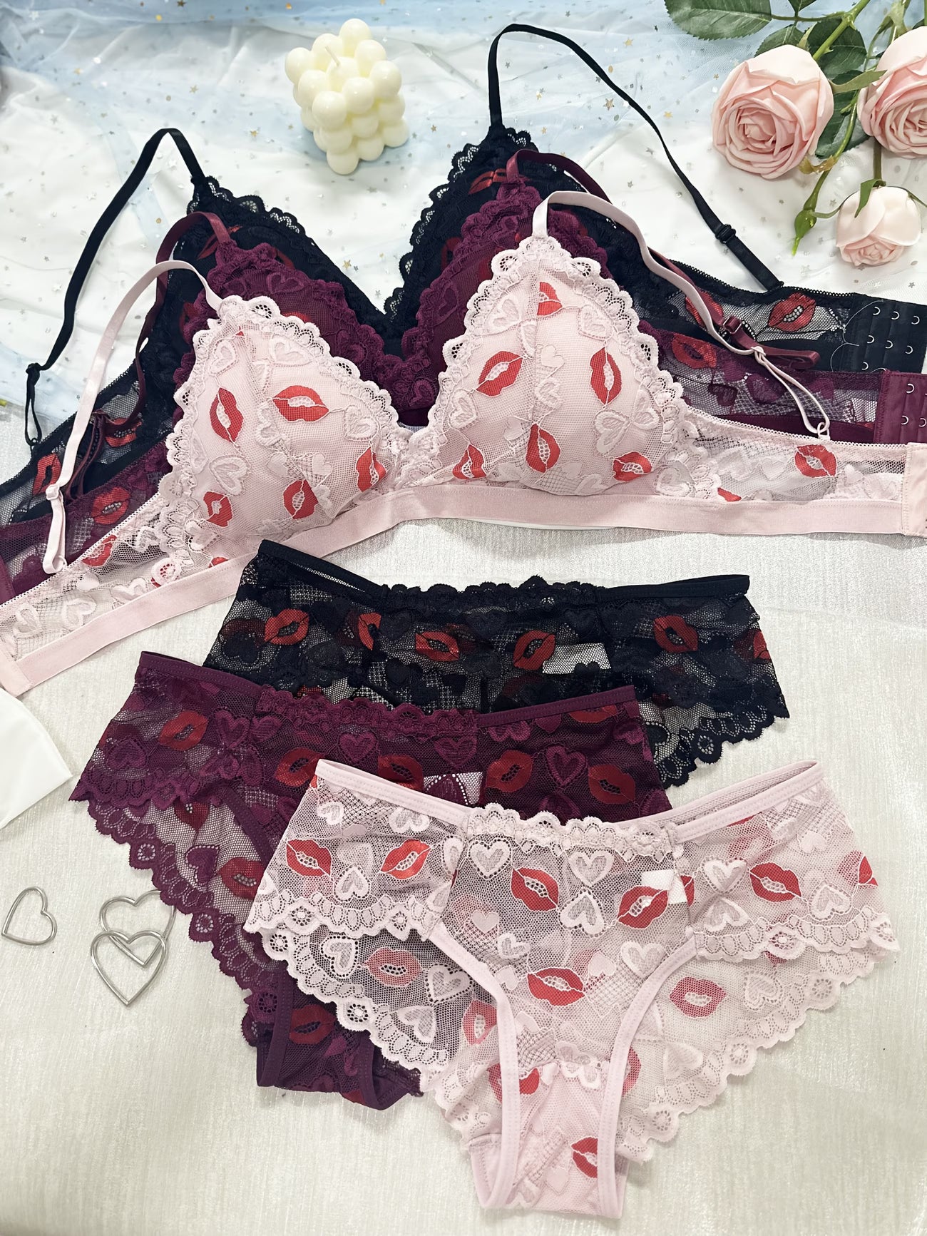 Koriora | Lot de 3 Ensembles Lingerie Dentelle Romantique — Soutien-Gorge & Culotte Taille Basse