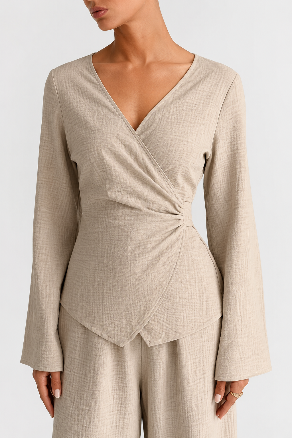 Koriora | Ensemble 2 Pièces Drapé Palazzo Taupe — Cache-Cœur Asymétrique & Élégance Fluide