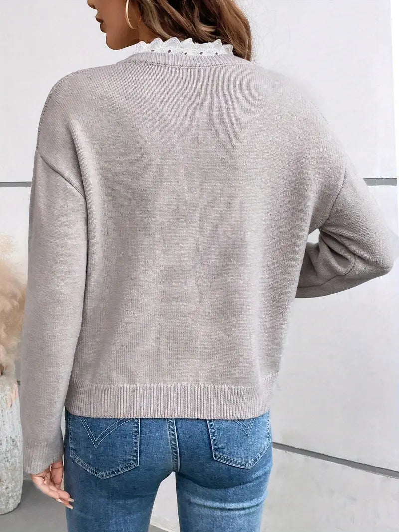 Women's V-Neck Jumper – Soft Knit and Lace Detail