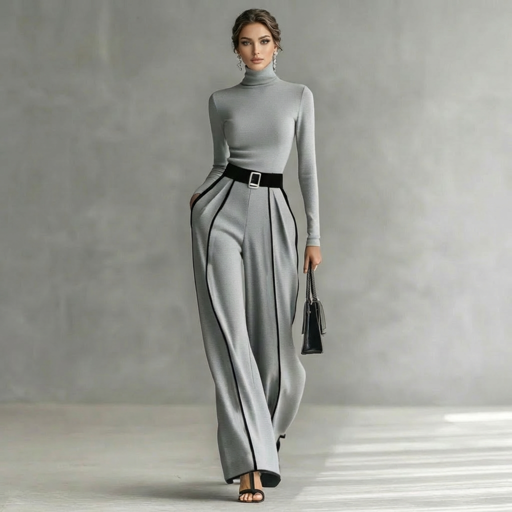 Koriora | Ensemble Milou – Ensemble Femme 2 Pièces Élégant | Col Roulé Ajusté & Pantalon Large Taille Haute