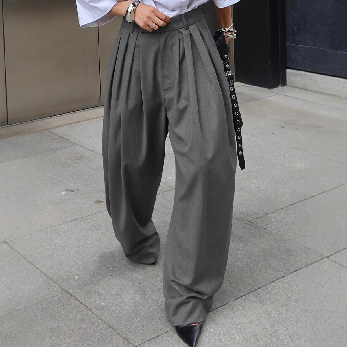 Pantalon Palazzo Femme Gris Taille Haute à Pinces – Coupe Très Large