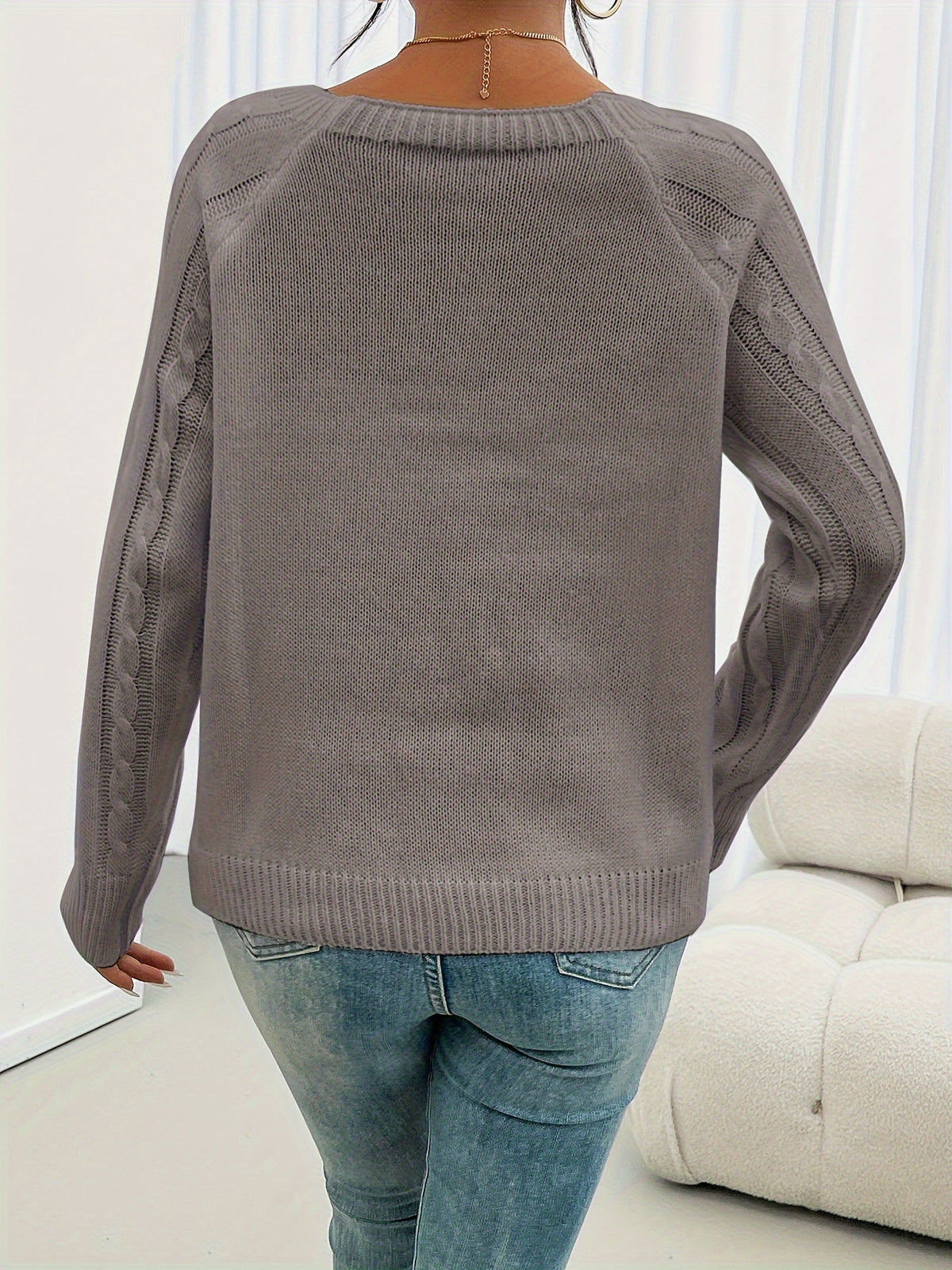 Koriora | Women's Textured Round-Neck Jumper with Lantern Sleeves and Buttons