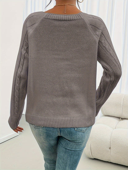 Koriora | Women's Textured Round-Neck Jumper with Lantern Sleeves and Buttons