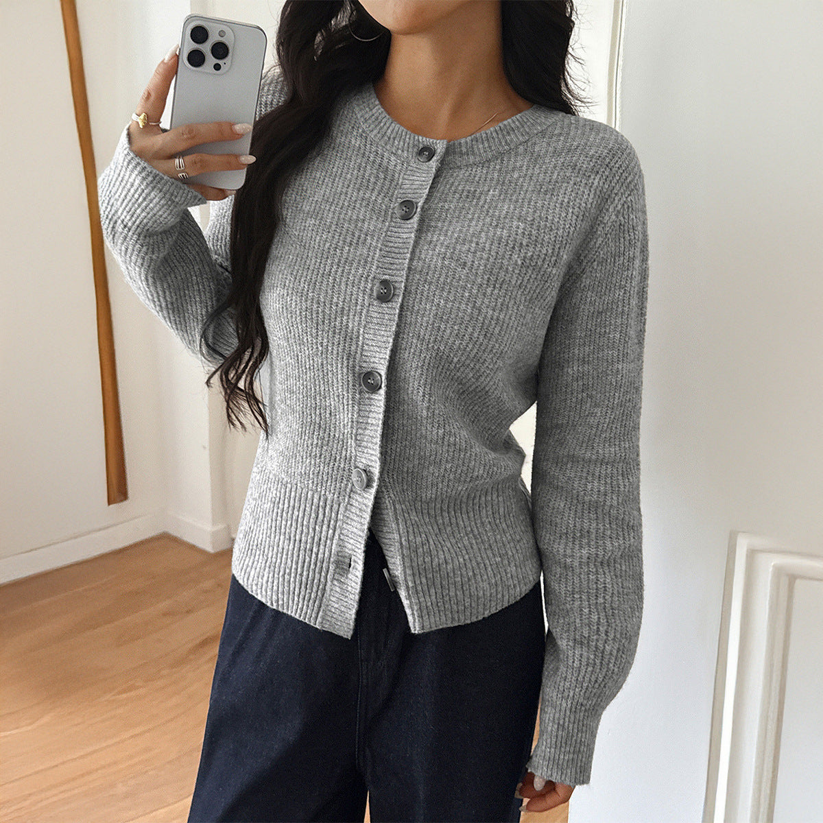 Koriora | "Céleste" Cropped Ribbed Button-Through Cardigan — Soft Knit, Round Neck, Grey
