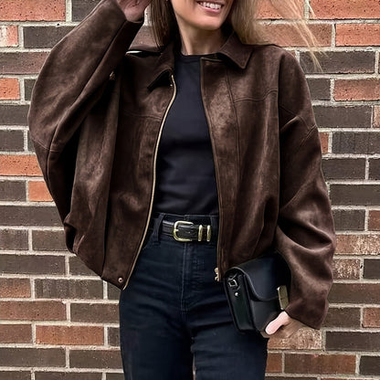 Women's Suede-Effect Zip Jacket with Shirt Collar