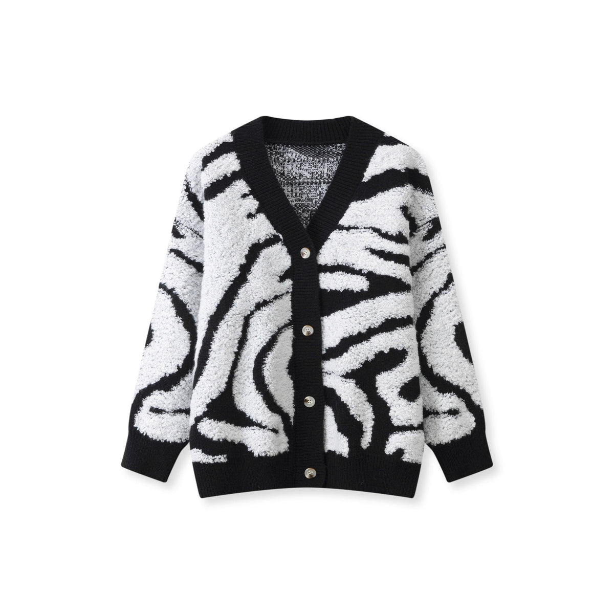 Koriora | "Safira" Zebra-Print Bouclé Cardigan — Loose Fit, V-Neck, Multicolour