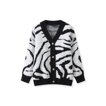 Koriora | "Safira" Zebra-Print Bouclé Cardigan — Loose Fit, V-Neck, Multicolour
