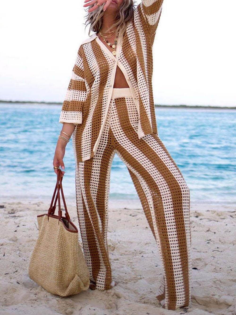 Koriora | Ensemble détente bord de mer – Maille ajourée rayée