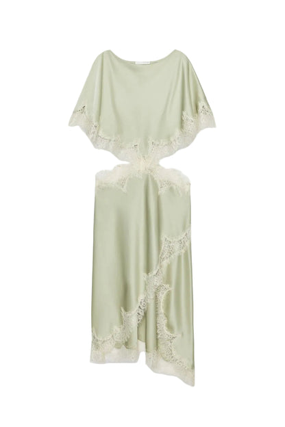 Koriora | Inaya Robe Longue Satinée Vert Sauge avec Dentelle – Robe Élégante Femme