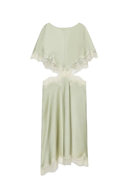 Koriora | Inaya Robe Longue Satinée Vert Sauge avec Dentelle – Robe Élégante Femme