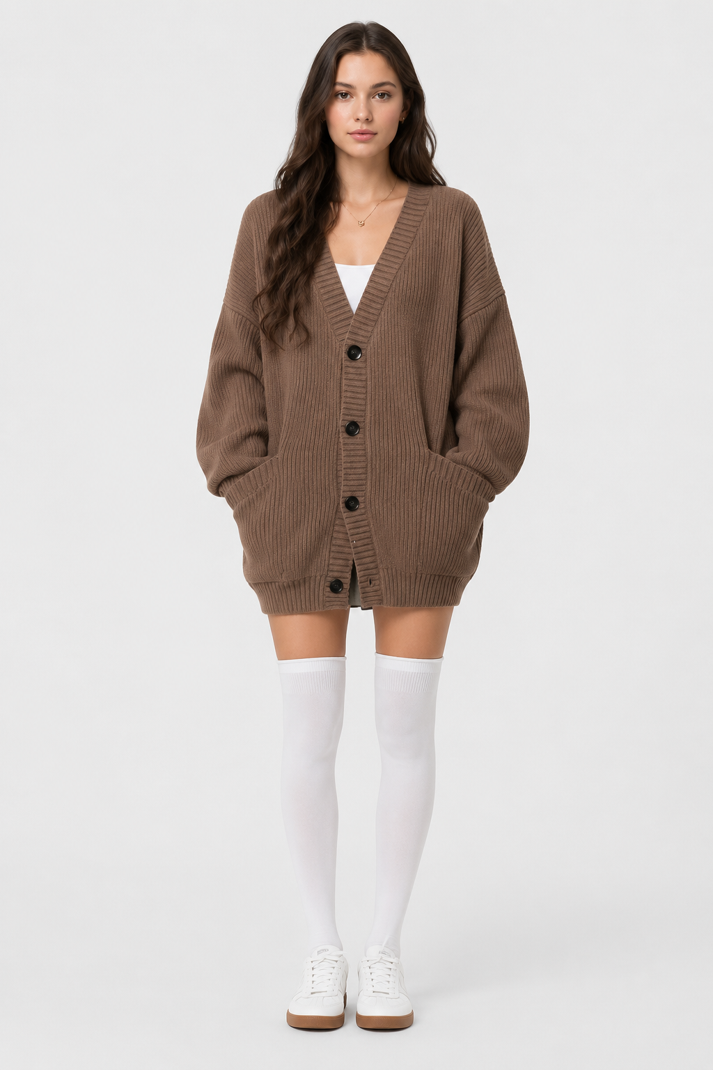 Koriora | "Alba" Oversized Long Ribbed Cardigan — Button-Through V-Neck with Patch Pockets, Black