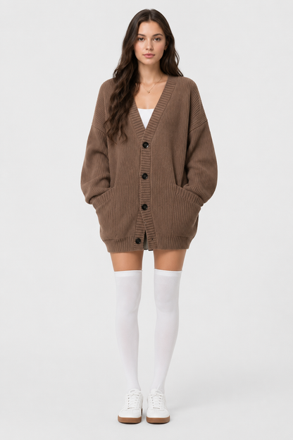 Koriora | "Alba" Oversized Long Ribbed Cardigan — Button-Through V-Neck with Patch Pockets, Black