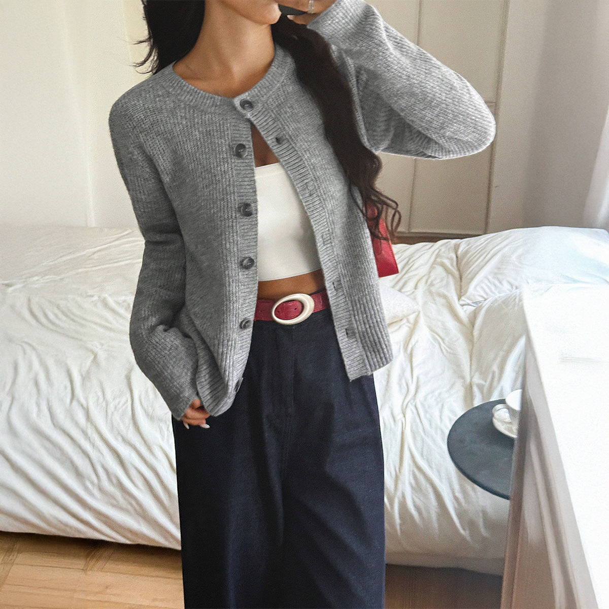 Koriora | "Céleste" Cropped Ribbed Button-Through Cardigan — Soft Knit, Round Neck, Grey