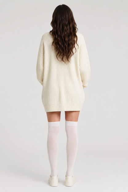 Koriora | "Alba" Oversized Long Ribbed Cardigan — Button-Through V-Neck with Patch Pockets, Black