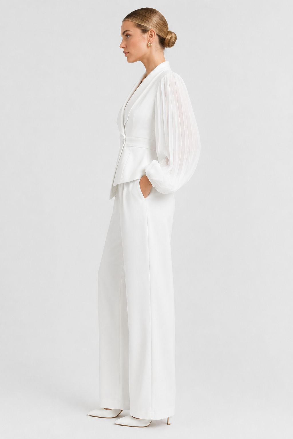 Koriora | Ensemble Blazer Cintré & Pantalon Large Femme — Manches Transparentes & Élégance Romantique