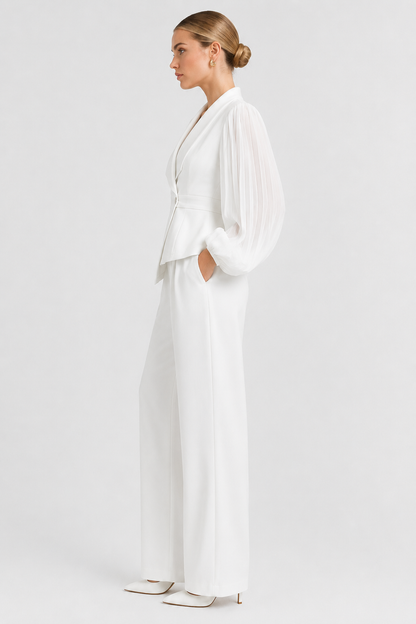 Koriora | Ensemble Blazer Cintré & Pantalon Large Femme — Manches Transparentes & Élégance Romantique