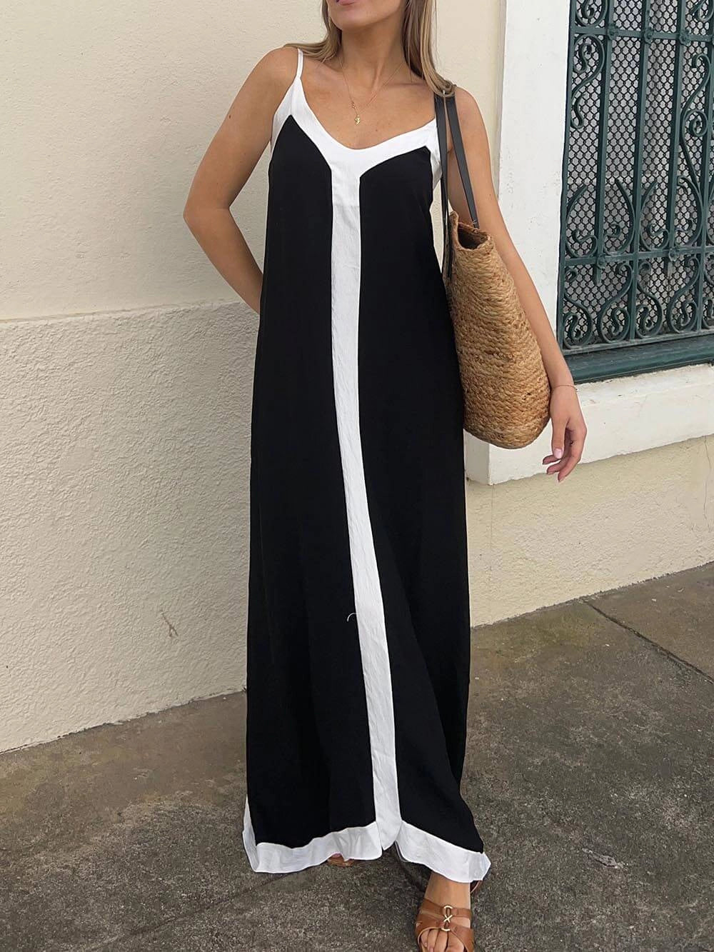 Robe mi-longue à bretelles et blocs de couleurs