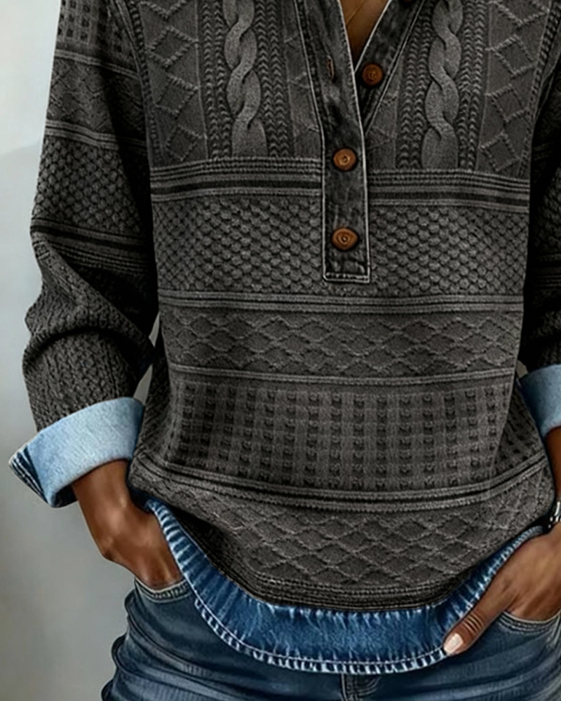 Koriora | Denim-Effect Knitted Polo-Neck Top — Half-Button Fastening and Relaxed Everyday Elegance