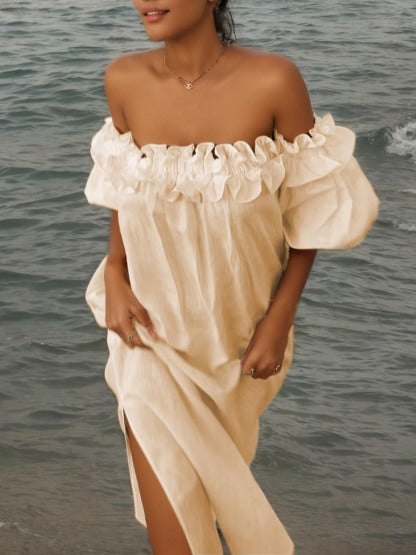 Robe midi à manches bouffantes à volants et poches dénudées épaules