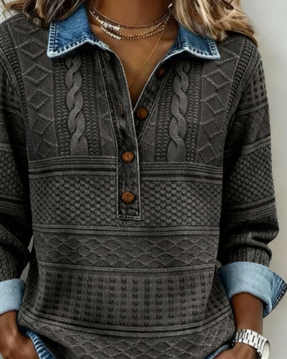 Koriora | Denim-Effect Knitted Polo-Neck Top — Half-Button Fastening and Relaxed Everyday Elegance