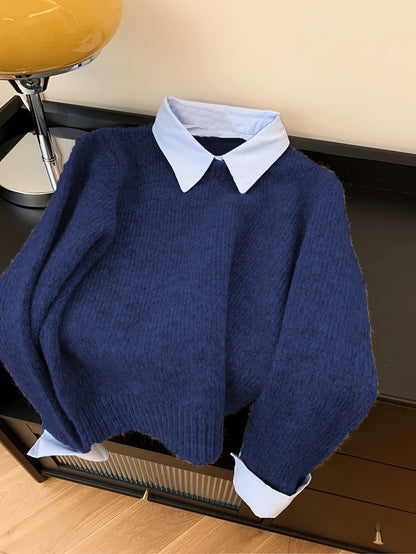 Koriora | Women's Knitted Jumper with Shirt Collar – Elegant Relaxed Fit