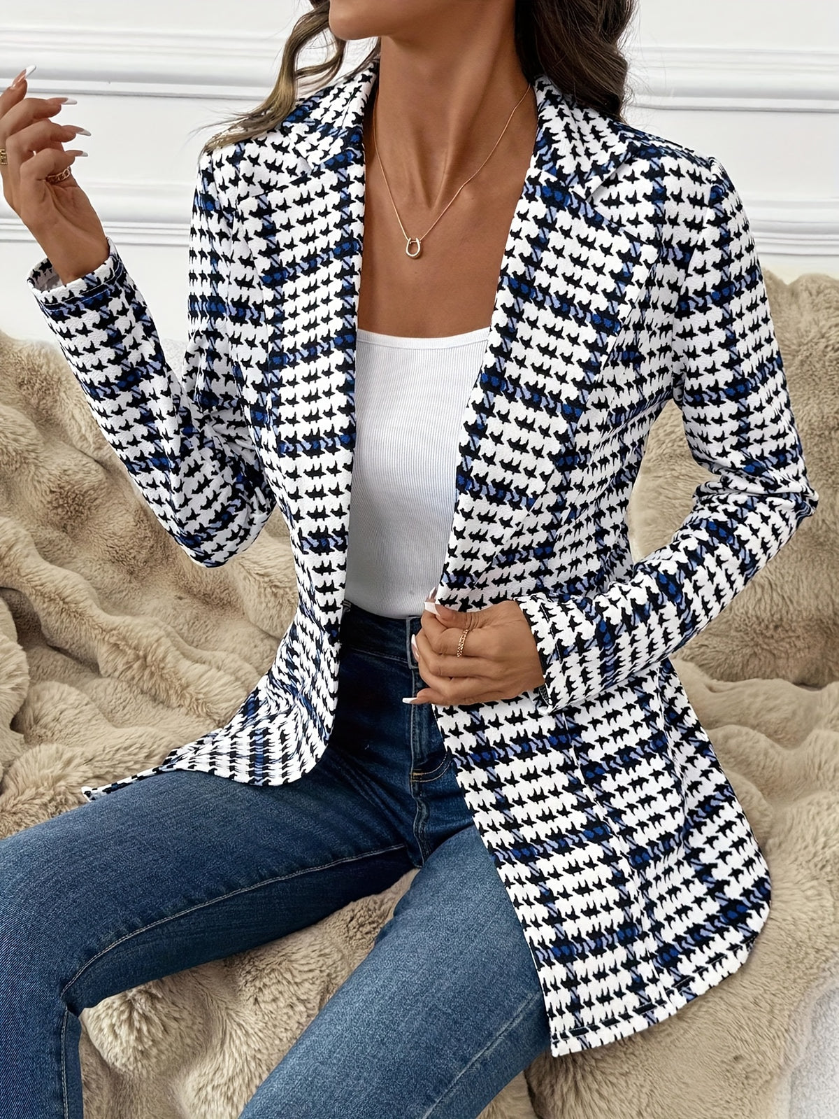 Women's Houndstooth Single-Button Tailored Blazer