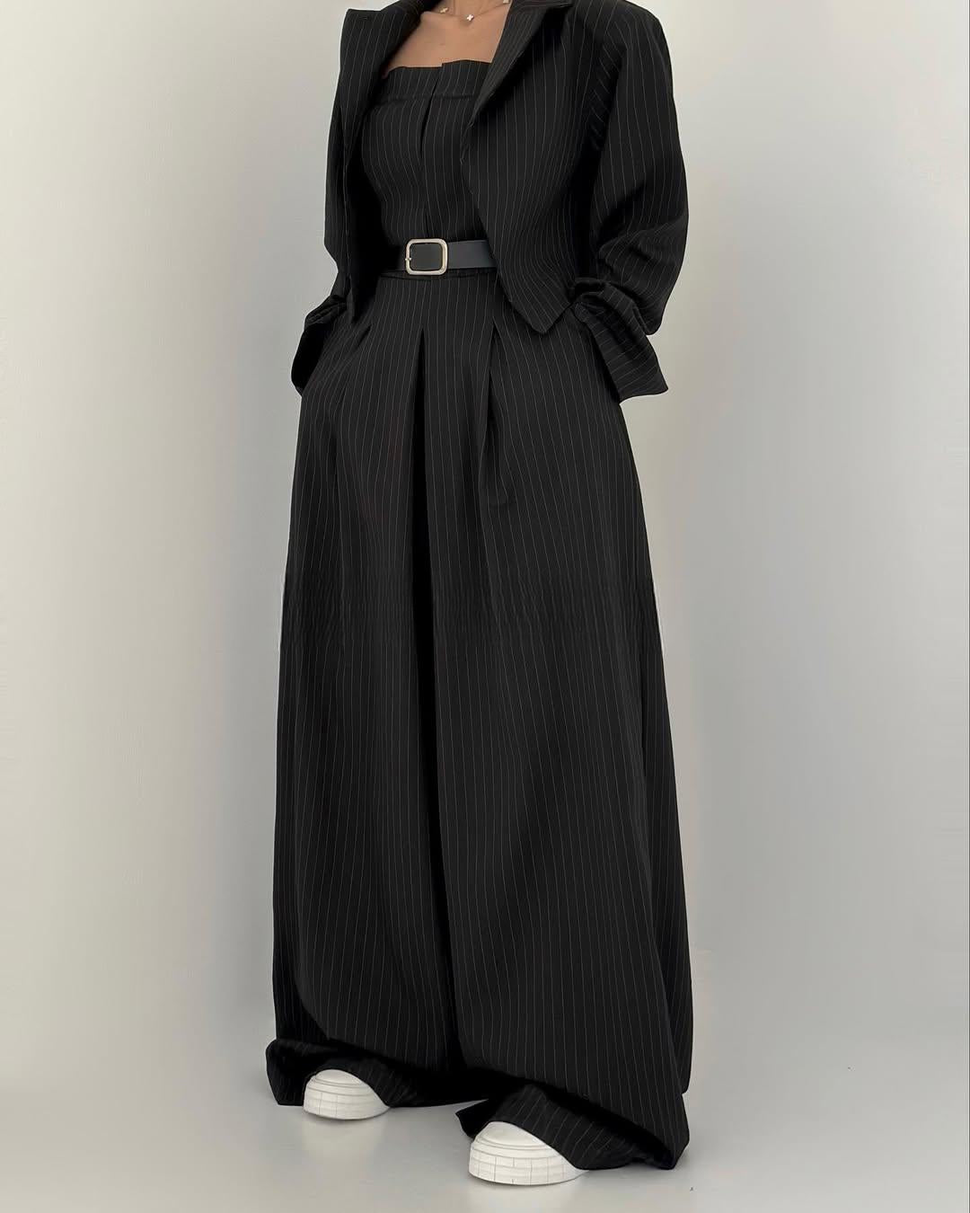Koriora | Combinaison Tailleur 3 Pièces Noire — Bustier Structuré, Pantalon Large & Veste Coordonnée