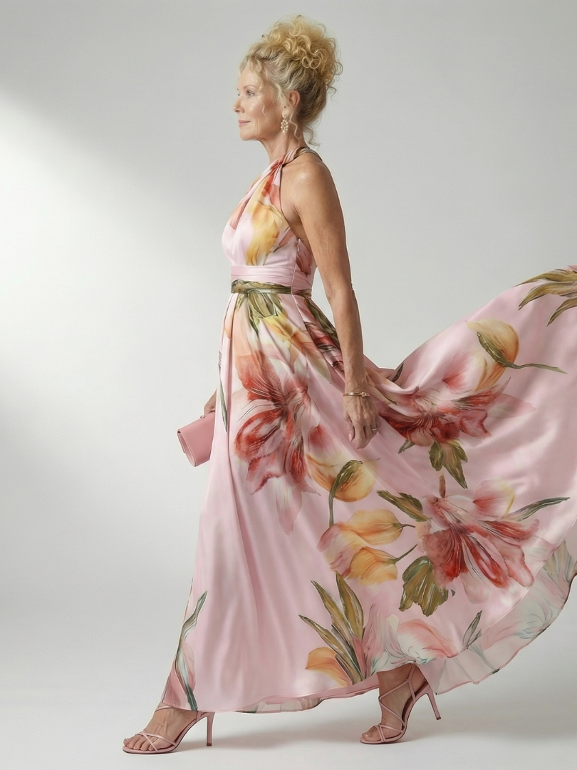 Koriora | Robe Maxi Halter Florale Grand Motif — Fluide & Élégante
