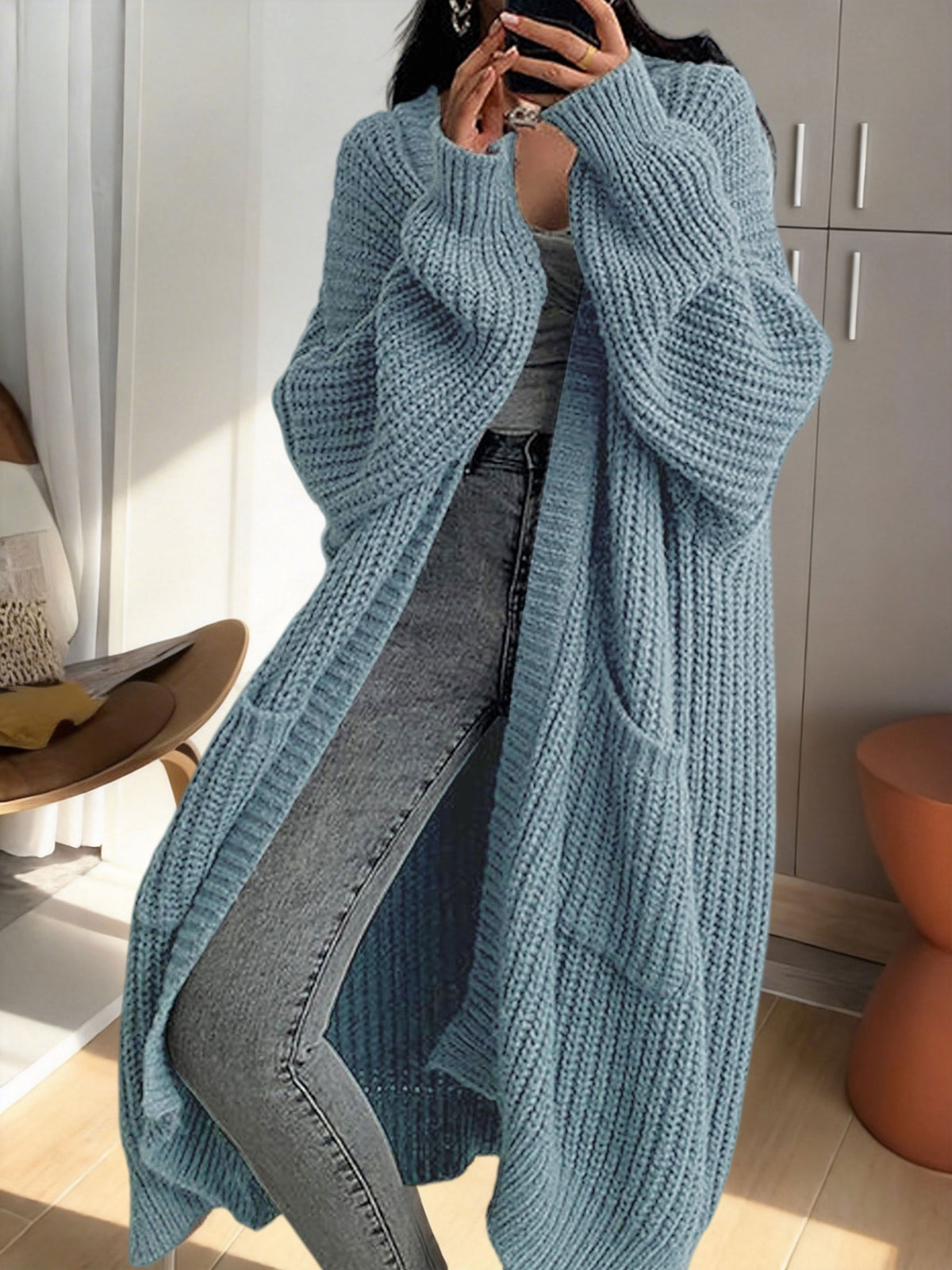 Gilet Femme Long en Maille Douce à Manches Longues