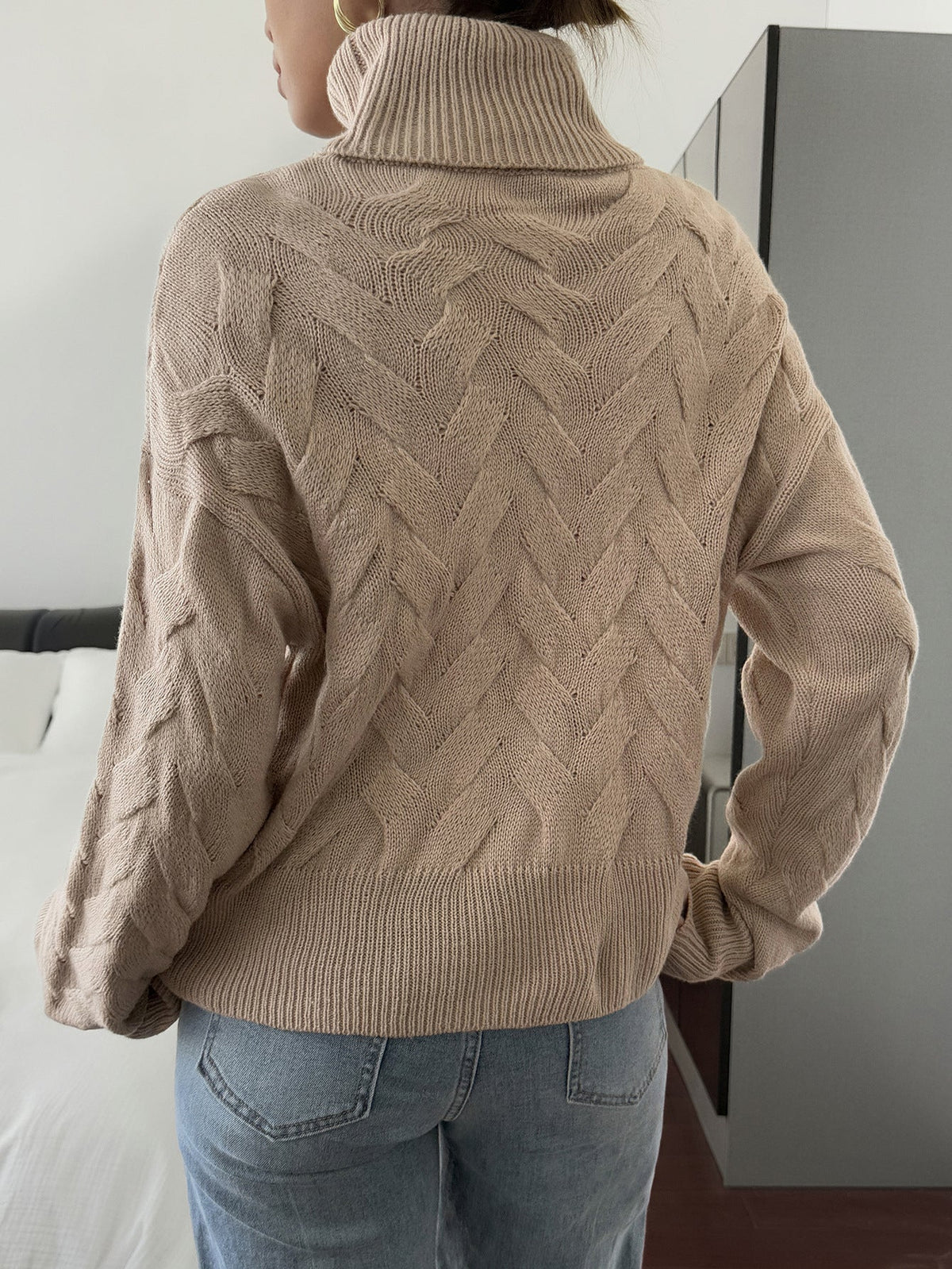 Koriora | "Margaux" High-Neck Cable-Knit Jumper — Soft Stretch Knit, Butter / Cream / Pink