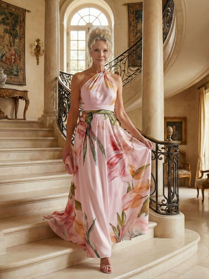 Koriora | Robe Maxi Halter Florale Grand Motif — Fluide & Élégante
