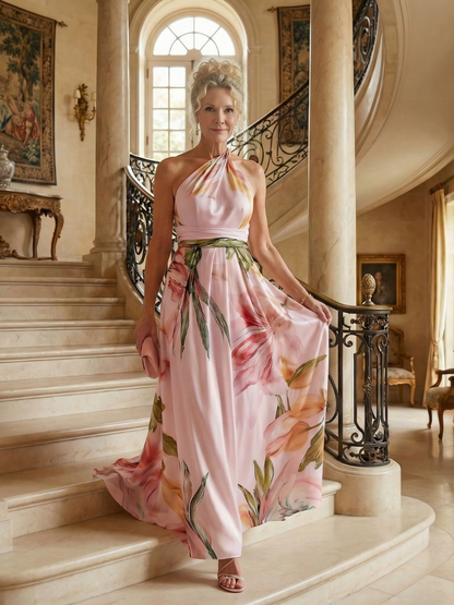 Koriora | Robe Maxi Halter Florale Grand Motif — Fluide & Élégante