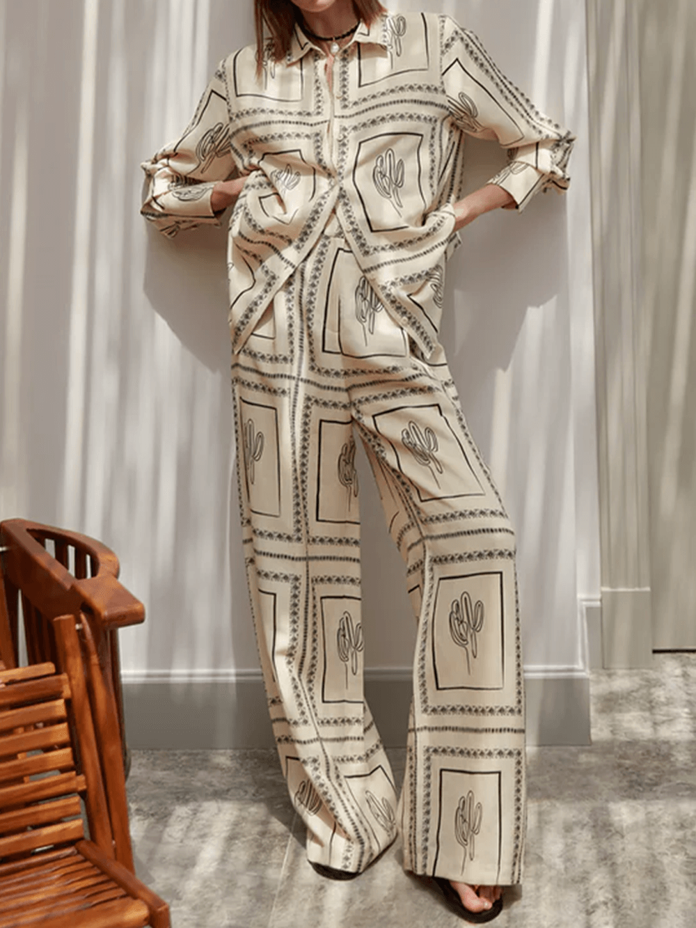 Koriora | Ensemble bohème cactus – Chemise oversize et pantalon large