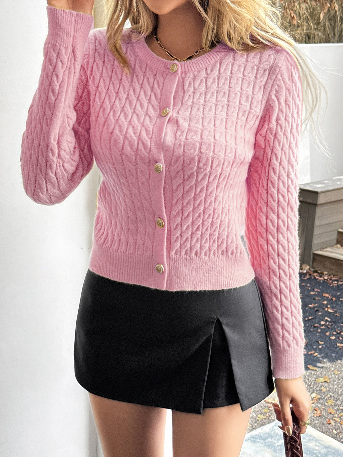 Koriora | "Adèle" Short Button-Through Cable-Knit Cardigan — Soft Knit, Round Neck, Pink / White / Navy / Yellow