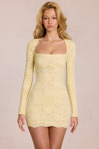 Koriora | Robe Mini Dentelle Elin — Col Carré & Manches Longues Élégantes