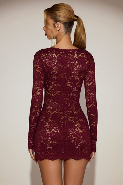 Koriora | Robe Mini Dentelle Elin — Col Carré & Manches Longues Élégantes