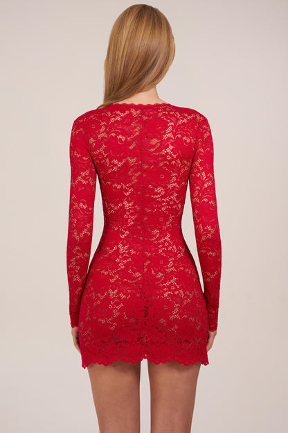 Koriora | Robe Mini Dentelle Elin — Col Carré & Manches Longues Élégantes