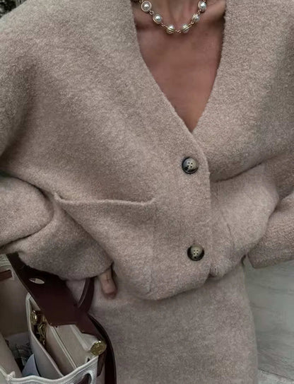 Koriora | Ensemble Knit Marelle Beige — Cardigan Boutons & Mini Jupe Cozy Chic