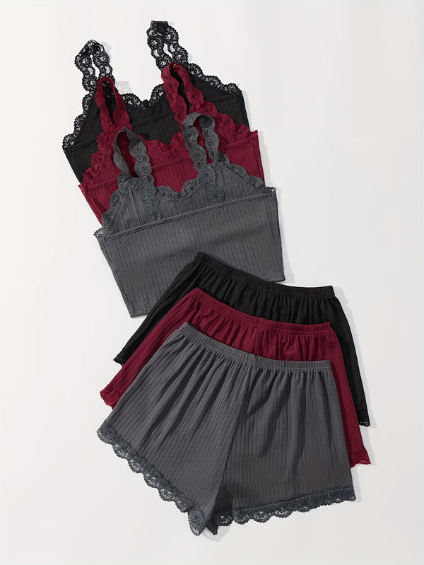 Koriora | Lot de 3 Ensembles Pyjama Côtelé Dentelle Femme — Débardeur Col V & Short Nuit Doux